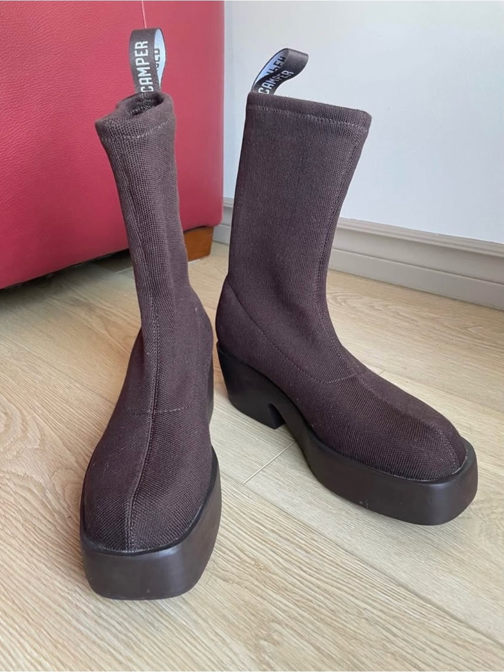 BNWOT Billie TENCEL Camper Dark Brown Stretch-Knit Platform Sock Boots